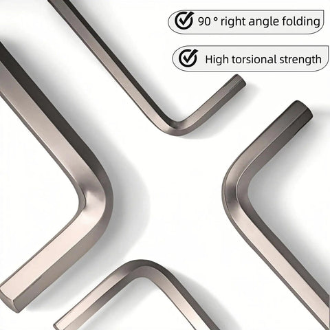 Close-up of 10 Piece Metric Hex Key Set with rust resistant CrV steel, showcasing 90° right angle and high torsional strength.