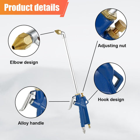 Detailed features of Air Engine Cleaning Spray Gun With 4 Ft Hose including bend head, alloy handle, and adjusting nut.