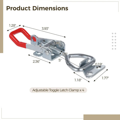 Heavy Duty Toggle Latch Clamp Set With Adjustable Hasps And Lock Hole, 1320 Lbs Holding Capacity, dimensions illustration