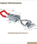 Close-up of Beefy 4 Pack Adjustable Toggle Latch Clamp Set showing dimensions and rust-resistant zinc plated iron build.