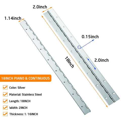 Two Pack One Eight Inch Stainless Steel Piano Hinges Heavy Duty Build with silver finish and pre-drilled holes, side view.