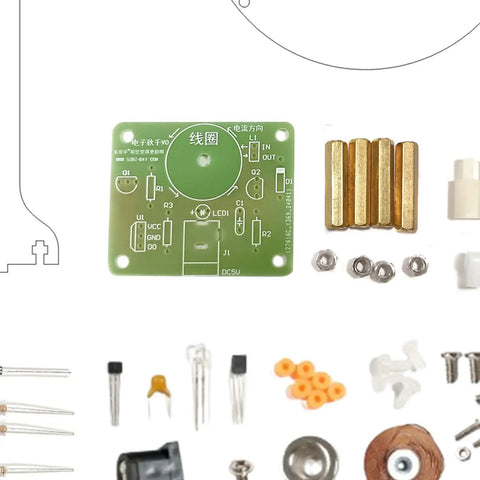 Magnet Pendulum DIY Science Kit parts including circuit board, screws, and components for magnetic induction experiments for kids.