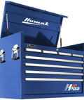 36 Inch 8 Drawer Blue Top Chest With Full Extension Ball Bearing Slides Gas Struts EVA Drawer Liners And Top Mat Aluminum Pulls Secure Tubular Locking Power Cord Access Heavy Duty Garage Tool Storage