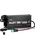 Rugged 10 Amp 12 Volt Lithium Battery Charger With IP65 Waterproof Rating For LifePo4 Batteries and connections visible.