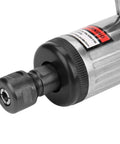 Close-up of the chuck and body of High Speed 1/4 Inch Pneumatic Die Grinder Air Powered Hand Tool with a warning label.