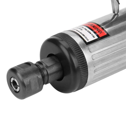 Close-up of the chuck and body of High Speed 1/4 Inch Pneumatic Die Grinder Air Powered Hand Tool with a warning label.