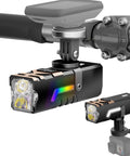 Close-up of Beefed Up 2500LM Bike Light For Night Riding With Garmin and GoPro mounts, colorful side light on bike handlebar