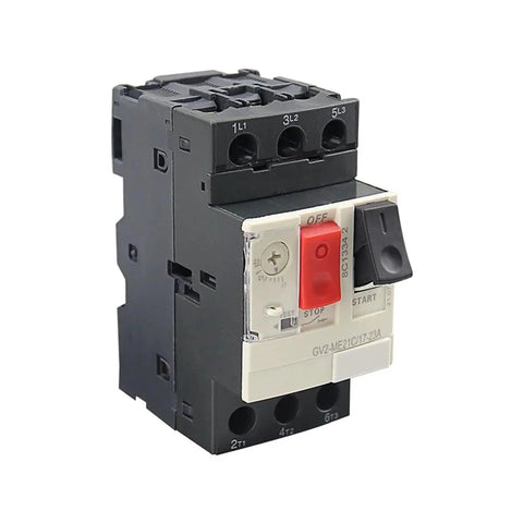 Badass GV2-ME Motor Protection Circuit Breaker With Push Button Reset, 3 Pole Thermal Magnetic MPCB For Robust Motors, Me22C 20-25 A Rating, No Nonsense Design That Gets The Job Done Right, close-up view.