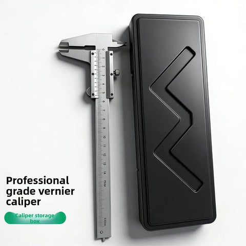 Vernier Caliper 0-150mm Manual Micrometer with Smooth Sliding next to black storage box for Industrial and Jewelry Making