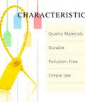105 Piece Colorful Security Zip Ties Set With Self Locking Tamper Seal Tags, shown in yellow, with quality materials listed.
