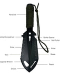 Ultra Lightweight 9-In-1 Mini Camping Shovel Trowel Kit with saw, bottle opener, nail extractor, ruler, hex wrench, paracord.