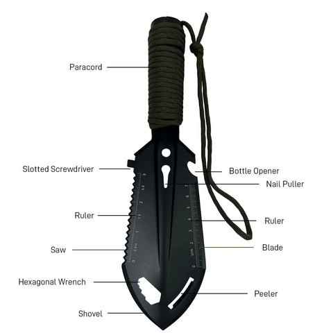 Ultra Lightweight 9-In-1 Mini Camping Shovel Trowel Kit with saw, bottle opener, nail extractor, ruler, hex wrench, paracord.