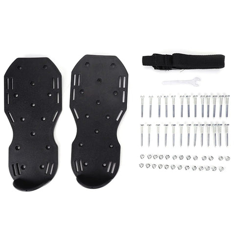 Heavy Duty Lawn Aerator Shoes With Iron Spikes And Three Strap Design, hardware set included, for aerating lawns, black sandals