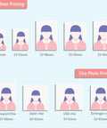 ID and visa photo printing sizes chart for passport, Japan, USA, Schengen, 22x32mm to 51x51mm with illustrations of female portraits.