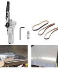 Heavy Duty Pneumatic Air Belt Sander With Three Abrasive Strips And Hex Wrench to Nail woodworking chores with accessories.