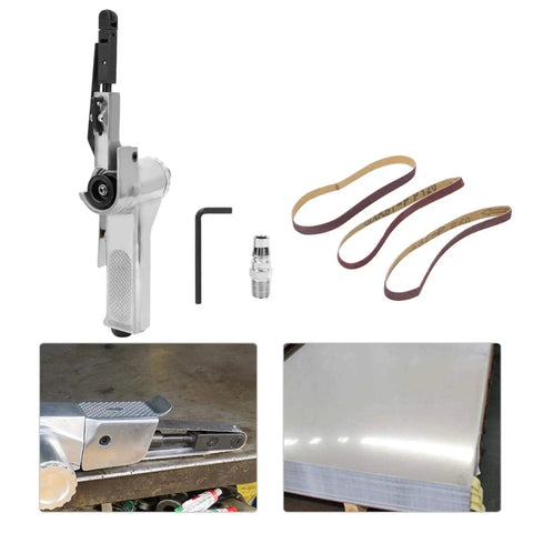 Heavy Duty Pneumatic Air Belt Sander With Three Abrasive Strips And Hex Wrench to Nail woodworking chores with accessories.