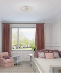 Cassandra 4 Light Brushed Nickel Ceiling Mount Fixture With K9 Crystal Glass installed in a modern living room.