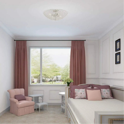 Cassandra 4 Light Brushed Nickel Ceiling Mount Fixture With K9 Crystal Glass installed in a modern living room.