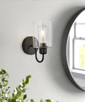Set Of 2 Black Farmhouse Vanity Wall Lights With Seeded Glass Shades Sleek Modern Metal Sconce Fixtures for living room decor.