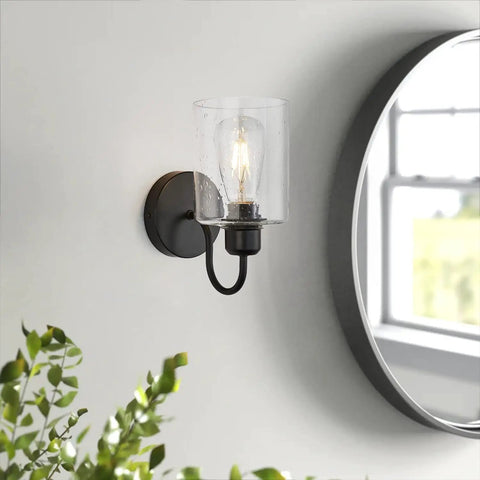 Set Of 2 Black Farmhouse Vanity Wall Lights With Seeded Glass Shades Sleek Modern Metal Sconce Fixtures for living room decor.