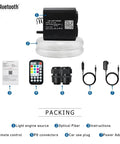 Package contents for 20W Dual Head Fiber Optic Lights Kit With RGBW Twinkle Heads, including remote, optical fibers, and power adapter.