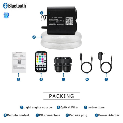 Package contents for 20W Dual Head Fiber Optic Lights Kit With RGBW Twinkle Heads, including remote, optical fibers, and power adapter.