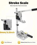 Portable Drill Press Stand And Hand Drill Adapter Aluminum Base with 60mm Stroke Scale, shown in side view for precise drilling.