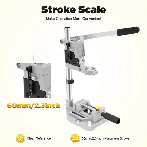 Portable Drill Press Stand And Hand Drill Adapter Aluminum Base with 60mm Stroke Scale, shown in side view for precise drilling.