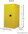 Rock Solid Hazardous Paint Storage Cabinet, 96 Gallon Self Closing Ink And Solvent Safety Locker, yellow with dimensions labeled.