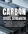 Self Tapping Roofing Fastener With EPDM Sealing Washer Size Ten Wood Screw One And A Half Inch Length Quarter Inch Hex Head Burnished Slate Finish Superior Corrosion Protection Painted Carbon Steel Screws Pack Of Two Hundred Fifty placed on metal surface with text 'Carbon Steel Strength'.