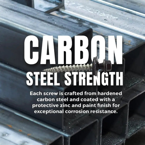 Self Tapping Roofing Fastener With EPDM Sealing Washer Size Ten Wood Screw One And A Half Inch Length Quarter Inch Hex Head Burnished Slate Finish Superior Corrosion Protection Painted Carbon Steel Screws Pack Of Two Hundred Fifty placed on metal surface with text 'Carbon Steel Strength'.