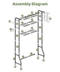 Assembly diagram of Over The Toilet Storage Cabinet Three Tier Metal Bathroom Shelf Organizer with labeled parts.