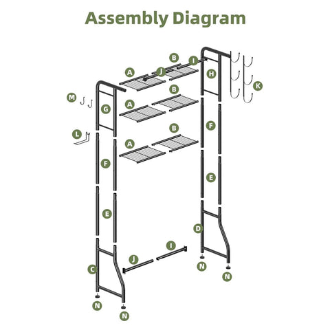 Assembly diagram of Over The Toilet Storage Cabinet Three Tier Metal Bathroom Shelf Organizer with labeled parts.