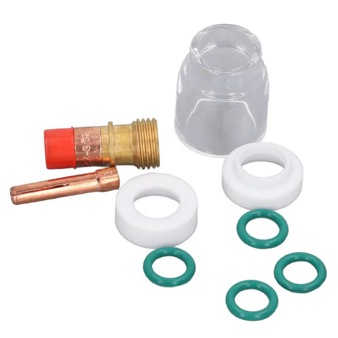 Top Tier 9 Piece TIG Welding Torch Kit With Collet Gas Lens Glass Cup Gasket O Ring For WP 17 18 26 Silly Brass Consumables Steel parts including gas lens, collet and O rings.
