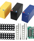 Heavy Duty DIY Lithium Battery Case For 12 Volt Projects With Nickel Straps And 3X7 Cell Slots Top Shelf ABS Housing shown in black, blue, yellow with accessories.