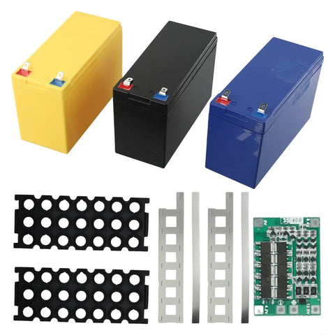 Heavy Duty DIY Lithium Battery Case For 12 Volt Projects With Nickel Straps And 3X7 Cell Slots Top Shelf ABS Housing shown in black, blue, yellow with accessories.