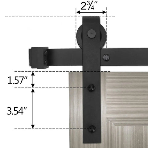 8ft Sliding Barn Door Hardware Kit with J Shape Hangers, Antique Style, side view of track and measurements on door