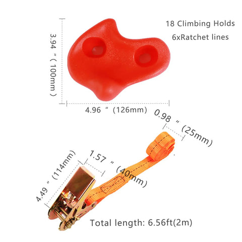 Kids Outdoor Ninja Climbing Holds Set With 18 Rock Grips And 6 Ratchet Straps dimensions and design details.