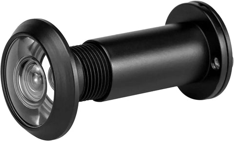 Solid Brass Door Peephole Viewer with 200-Degree Wide Angle, black finish, displays privacy cover, fits 1 3/8 to 2 1/6 inch doors.