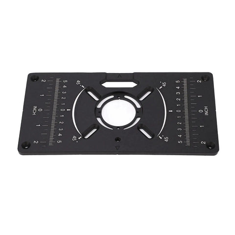 Heavy Duty Router Table Insert Plate Built Like a Boss Using Premium Anodized Aluminum Alloy With Four Tight Rings and Extra Screws for Flawless Workshop Woodworking Projects top view showing measurement scales and circular opening.