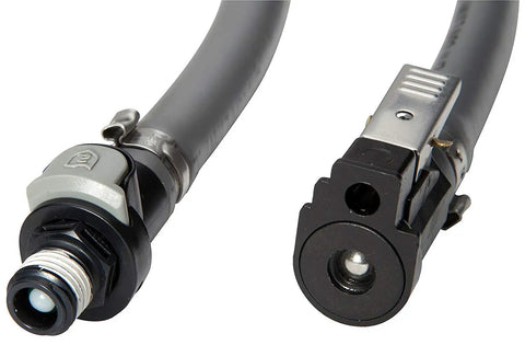 Close-up of Pre 1998 Mercury And Mariner Outboard Fuel Line Kit with 3/8 inch hose, tank and engine fittings, sprayless connector