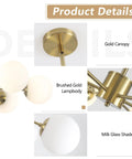 Gold Sputnik Chandelier With Six Milk Glass Globes Brass Flush Mount Ceiling Light For Kitchen And Dining Rooms Modern Mid Century Pendant Fixture White Globe Orbs With Warm Brass Glow And Easy Install with gold canopy and milk glass shade detail.