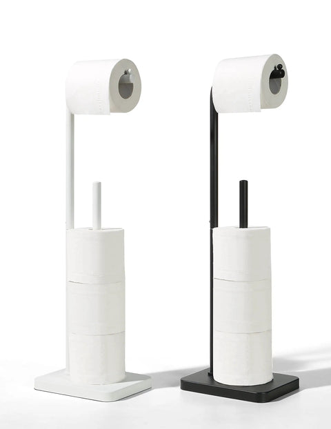 Freestanding Toilet Paper Roll Holder With Reserve Base White Powder Coated Finish Stand For Bathroom Restroom And Garage Holds Three Mega Rolls