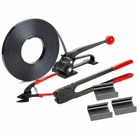 Pro Grade 1/2 Inch Steel Strapping Kit 200 Feet Roll With 1100 Lb Break Strength Tensioner Crimper Cutter And 100 Metal Seals for pallet wrapping