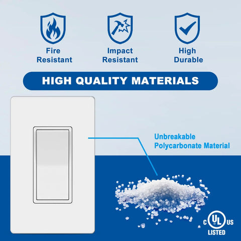 3 Way Wall Light Switch Decorator Rocker Paddle Interrupter for Easy Flip 15A 120 to 277V Single Pole or 3 Way UL Listed White 10 Pack With Screwless Wall Plate Included showcasing fire resistance, impact resistance, and high durability with unbreakable polycarbonate material.
