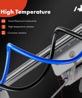 Close-up of blue and black high-temperature resistant cables with text highlighting electrical conductivity and corrosion resistance.