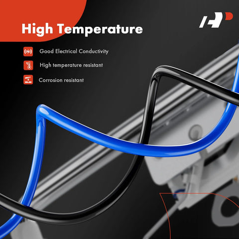 Close-up of high temperature black and blue cables with metal component, highlighting good electrical conductivity and corrosion resistance.