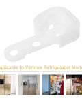Premium White Refrigerator Door Stopper Replaces Latch Hook And Hinge Catch Clip For Smooth Appliance Operation With Streamlined Compact Fit To Prevent Freezer Swing, clear plastic part design.
