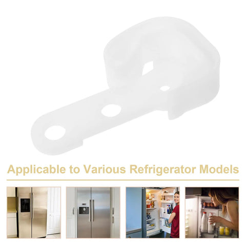 Premium White Refrigerator Door Stopper Replaces Latch Hook And Hinge Catch Clip For Smooth Appliance Operation With Streamlined Compact Fit To Prevent Freezer Swing, clear plastic part design.