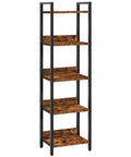 Keep Your Home Looking Fresh With This Five Tier Bookshelf, Tough As Nails Metal Standing Shelves For Tight Spaces, Rustic Brown And Black Storage Organizer That Always Delivers, featuring five wooden shelves and a black metal frame.